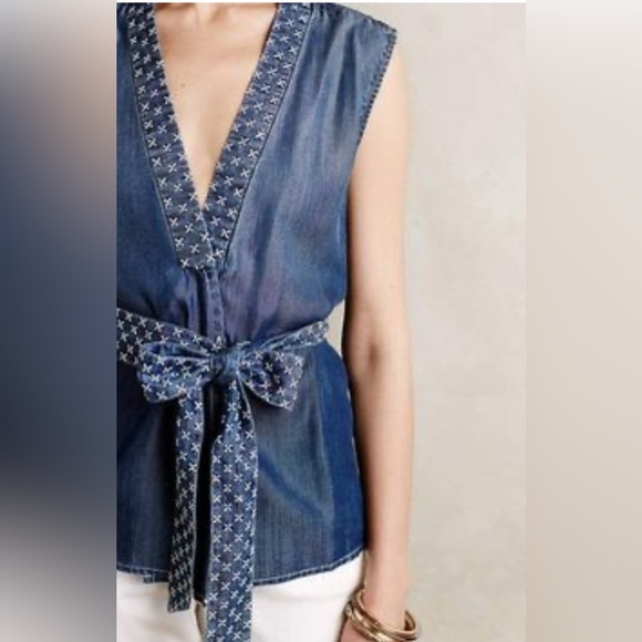 HOLDING HORSES Tops - Anthropologie Holding Horses Chambray Wrap Top Belted
